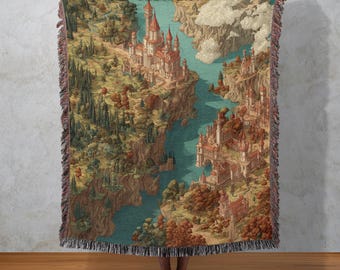 Manta tejida de castillo de fantasía, tapiz del Reino Encantado, tapiz medieval, decoración de cuento de hadas para el hogar