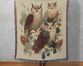 Coperta tessuta con gufo, arazzo con uccelli della foresta, arazzo rustico da parete in stile bosco, decorazione naturalistica con animali selvatici