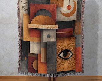 Abstract Geometric Woven Cotton Blanket: Modern Boho Mystic Eye Tapestry