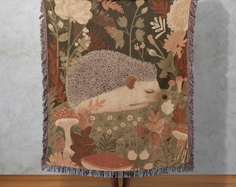 Hedgehog Forest Woven Blanket: Woodland Animal Tapestry, Cozy Cottagecore Decor