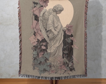 Angel of Stillness Woven Blanket, Gothic Statue Tapestry, Ethereal Art Wall Hanging