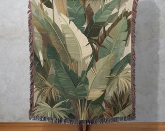 Tropical Jungle Leaves Woven Blanket, Exotic Greenery Wall Tapestry, Botanical Nature Throw
