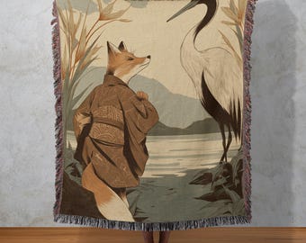 Japanese Tapestry, Original Art on Tapestry, Kitsune Wall Hanging