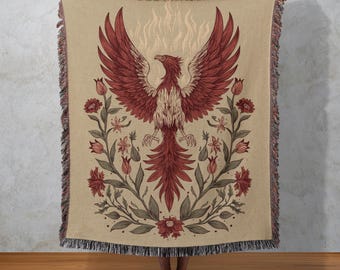 Phoenix Rebirth Woven Blanket, Mythical Bird Tapestry, Gothic Floral Wall Hanging