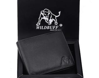 Wildbuff Mens Black Leather Wallet  Timeless Everyday Wallet Gift Ready