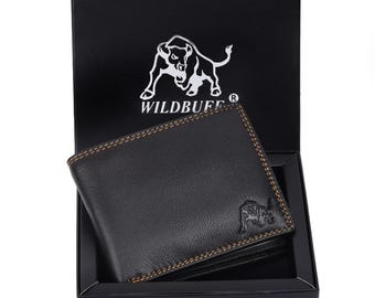 Wildbuff Mens Black Double Stitched Leather Wallet Timeless Everyday Wallet