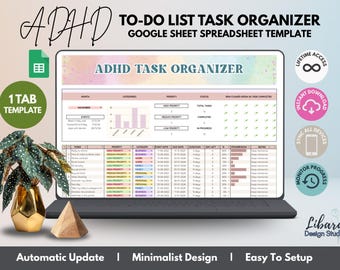 May include: A laptop displays an ADHD to-do list task organizer spreadsheet template. The screen shows a pink and white table with task categories and progress bars. The image includes a gold vase with a plant and a wooden pyramid.
