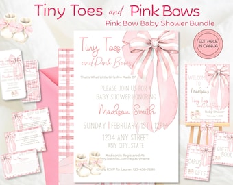 Tiny Toes Pink Bows Invitation Bundle, Pink Bow Baby Shower, Coquette Baby Shower, Girl Baby Shower, Pink Gingham Shower, Editable Canva