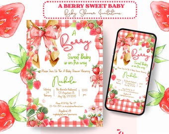A Berry Sweet Baby Is On The Way Baby Shower Invitation, (Digital Download) Canva Template