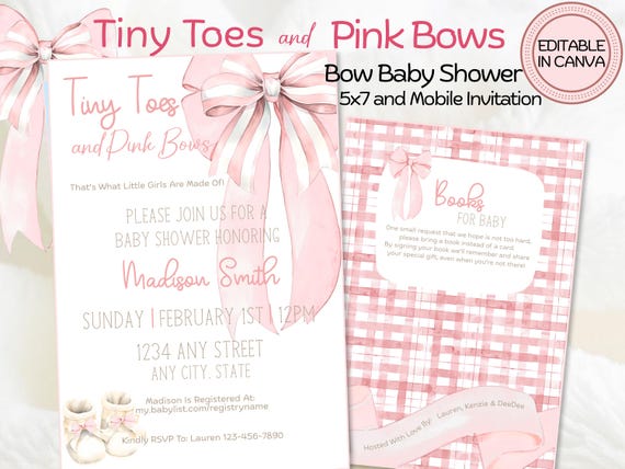 Tiny Toes Pink Bows Invitation, Pink Bow Baby Shower, Coquette Baby Shower, Girl Baby Shower, Pink Gingham Shower, Mobile Invite, Canva