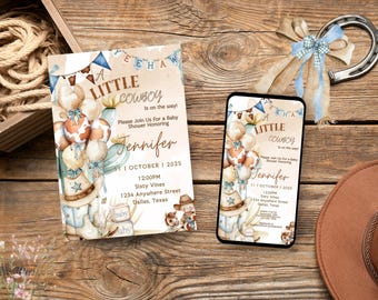 Little Cowboy Baby Shower Invitation Bundle: Western Theme Canva Templates (Digital Download)