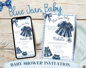 Blue Jean Baby Shower Invitation, Denim Western Shower Printables, Canva Template