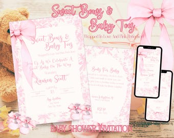 Pink Chinoiserie Baby Shower Invitation | Bows & Tiny Toes (Canva Template)