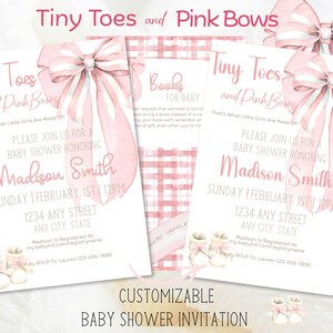 May include: Baby shower invitations with pink bows and the text "Tiny Toes and Pink Bows." The invitations are customizable and feature the name "Madison Smith" and event details. The design includes baby booties.
