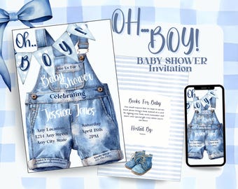 Oh Boy Baby Shower Invitation | Blue Denim Overalls Theme | Baby Boy Shower | Rustic Boy Baby Shower | Editable Canva Template