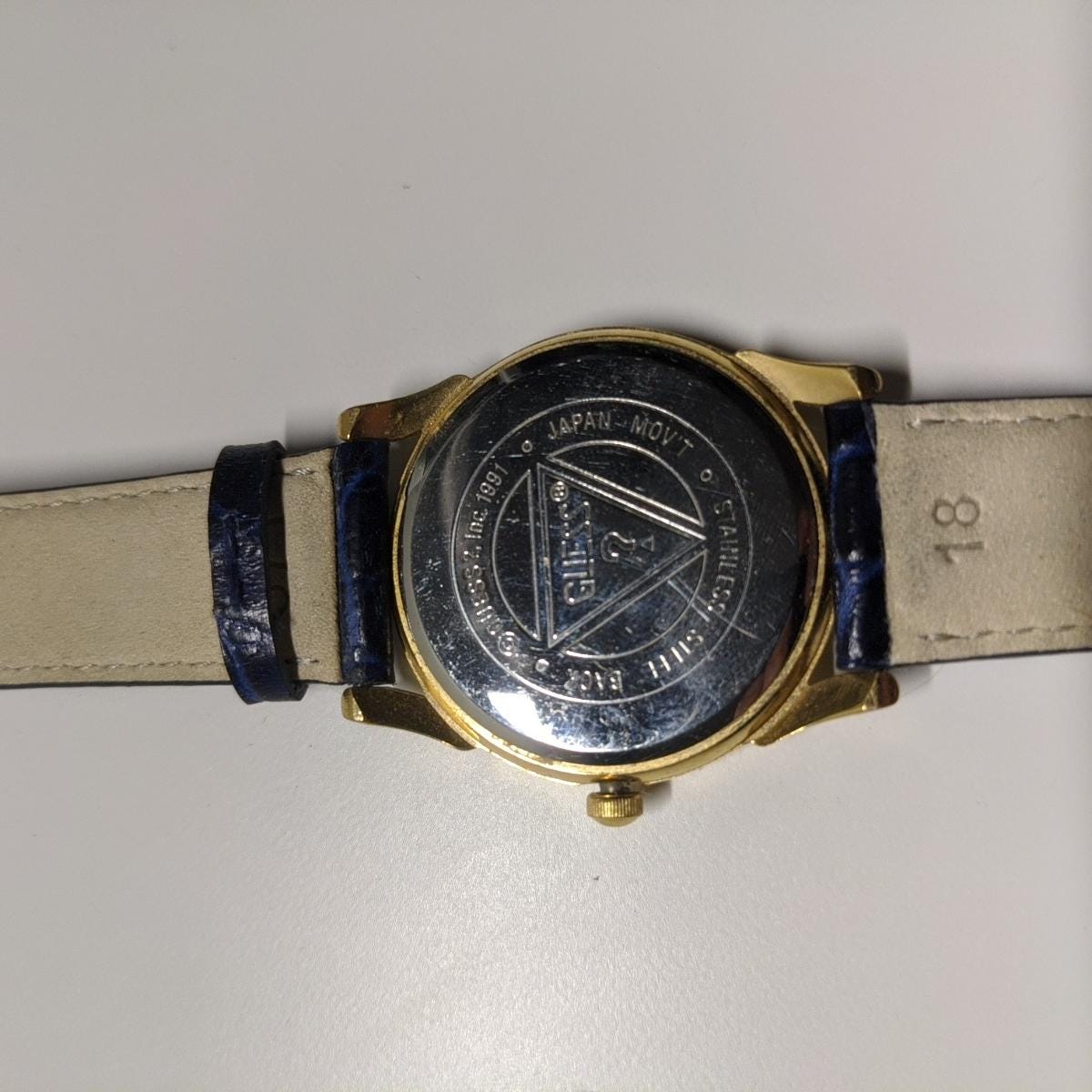 Vintage Guess Tank Watch 1991 Gold Tone Blue Leather Strap Band Japan $_57.JPG?set_id=880000500F main image 4