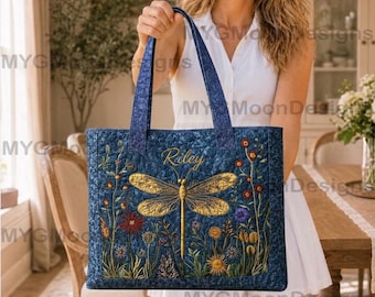 Bolso de mano personalizado con bordado de libélula, bolso de hombro acolchado con nombre personalizado, bolso de mano con estampado floral botánico, regalo de cumpleaños único para ella.