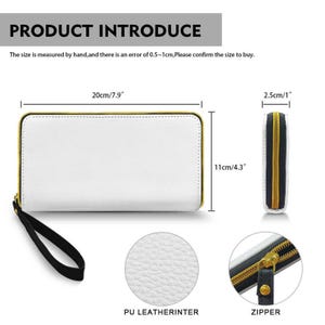 Op de afbeelding: Witte PU lederen portemonnee met een gouden rits en zwarte polsband. De portemonnee is 20 cm lang, 11 cm hoog en 2,5 cm dik. De afbeelding bevat de tekst "PRODUCT INTRODUCE".