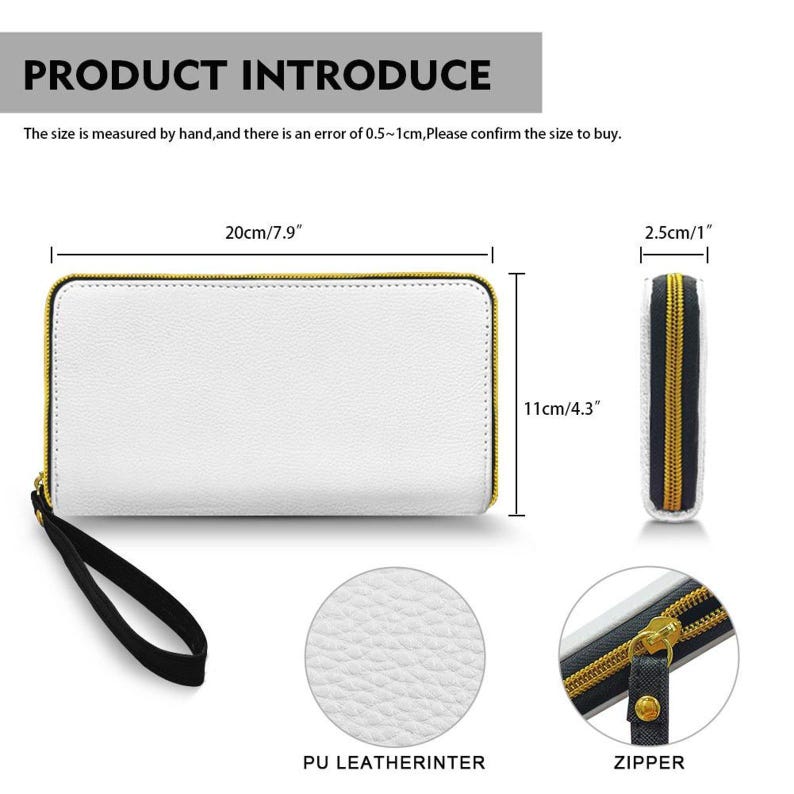 Op de afbeelding: Witte PU lederen portemonnee met een gouden rits en zwarte polsband. De portemonnee is 20 cm lang, 11 cm hoog en 2,5 cm dik. De afbeelding bevat de tekst "PRODUCT INTRODUCE".