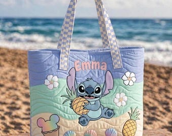 Bolso de mano acolchado de verano personalizado y divertido de Stitch & Friends: diseño de estilo vintage, regalo personalizado para amantes de Disney, bolsa de regalo.