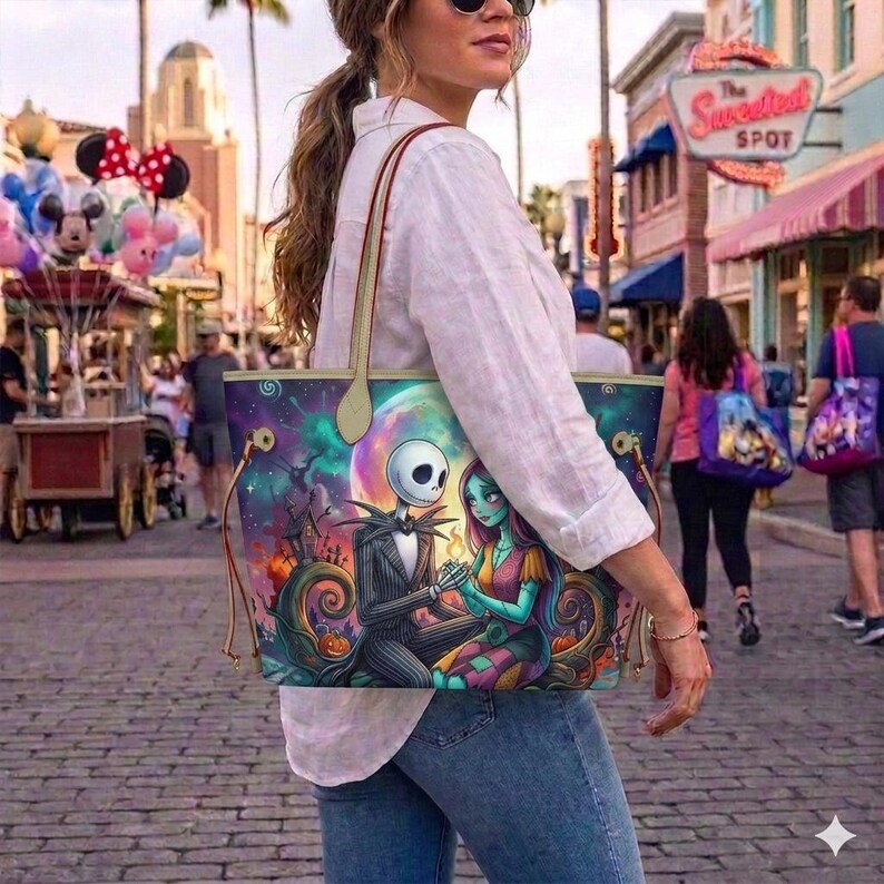 Puede incluir: Un bolso tote con un estampado gr&aacute;fico colorido de Jack Skellington y Sally de Pesadilla antes de Navidad. El dise&ntilde;o incluye un fondo vibrante a la luz de la luna con patrones en espiral, calabazas y la silueta oscura de una ciudad.