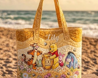 Personalized Honey Bear 100th Anniversary Quilted Tote Bag: Vintage Style Design, Custom Name Disney Lover Gift, Gift Bag.