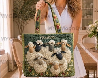 Personalized Quilted Sheep Tote Bag, Custom Name Embroidered Cotton Handbag, Handmade Sheep Gifts for Her, Cute Animal Farmer Tote, Boho Bag