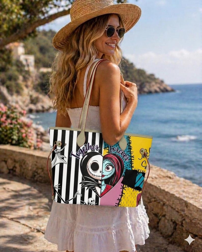 Op de afbeelding: Een tote bag met een gespleten ontwerp met zwarte en witte verticale strepen aan de ene kant en een geel, roze en blauw patchworkpatroon aan de andere kant. De tas toont illustraties van Jack en Sally met de tekst Together Forever.
