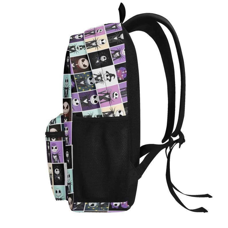 May include: A backpack featuring a grid pattern of various illustrations of a skeletal character in a pinstripe suit. The bag has black straps, a black side mesh pocket, and a multi-colored background of purple, cream, and light blue squares.