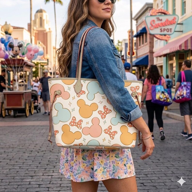 May include: Cream-colored tote bag featuring a pattern of Mickey Mouse heads and bows in pastel colors. The bag has a light brown trim and handles. The background shows a street scene with people and shops.