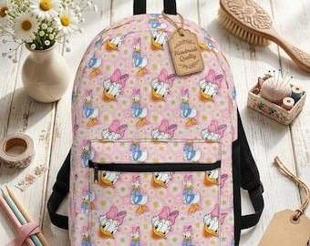 Mochila divertida con diseño de Daisy Duck y flores, bolsa para viajes familiares de Disney, mochila escolar de Disney, mochila personalizada, regreso a clases, regalo para niños.