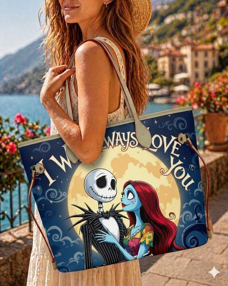 May include: A tote bag featuring a graphic print of Jack Skellington and Sally from The Nightmare Before Christmas against a large yellow moon. The text I WILL ALWAYS LOVE YOU is printed in a stylized font above the characters on a dark blue background.