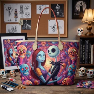 Pu&ograve; includere: Una borsa tote con una stampa grafica colorata di due personaggi animati dalla pelle pallida e grandi occhi, circondati da numerosi teschi stilizzati nelle tonalit&agrave; dell'arancione, blu e viola, con due tracolle di colore chiaro.