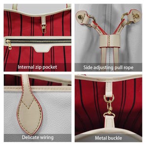 Op de afbeelding: Close-up shots van een rood-zwarte gestreepte tote bag. Kenmerken zijn een interne ritszak, een zijdelingse trekkoord, delicate bedrading en een metalen gesp. De tas heeft cr&egrave;mekleurige accenten en goudkleurige hardware.