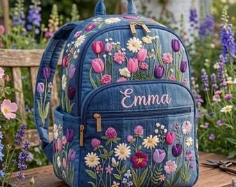 Personalized Denim Wildflower Quilted Backpack, Embroidery Backpack, Back To School, Gift Student And Family.