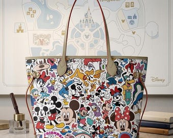 Gepersonaliseerde leren Mickey & Friends leren tas: vintage design geruit, op Disney geïnspireerde handtas met, cadeau voor Disney-liefhebbers.