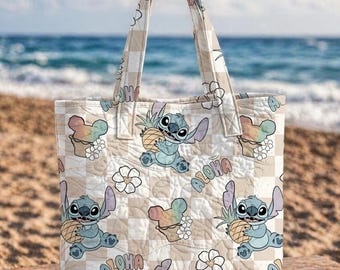 Bolso de mano acolchado de verano personalizado y divertido de Stitch & Friends: diseño de estilo vintage, regalo personalizado para amantes de Disney, bolsa de regalo.