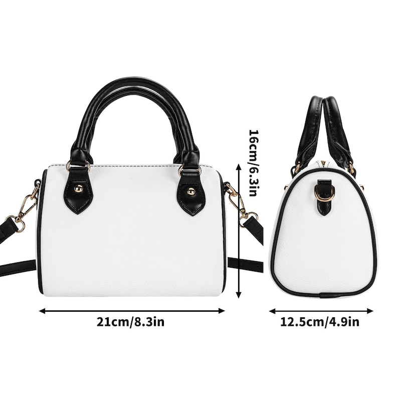 May include: White handbag with black accents, featuring a top handle and a detachable shoulder strap. The bag measures 8.3 inches long, 6.3 inches high, and 4.9 inches wide. Gold-colored hardware adds a touch of elegance to this stylish accessory.