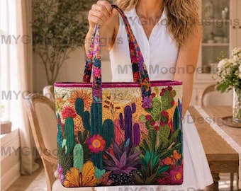 Bolso de mano acolchado personalizado con nombre, bolso de hombro con estampado de flores de cactus del desierto, bolso de playa veraniego estilo boho colorido, regalo para ella.