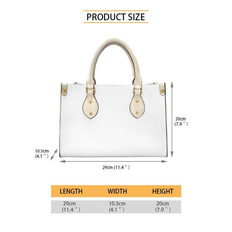 Op de afbeelding: Witte handtas met cr&egrave;mekleurige handvatten en goudkleurige hardware. De tas is 29 cm lang, 10,5 cm breed en 20 cm hoog. De tekst "PRODUCT SIZE" staat bovenaan. De afmetingen staan in een tabel.
