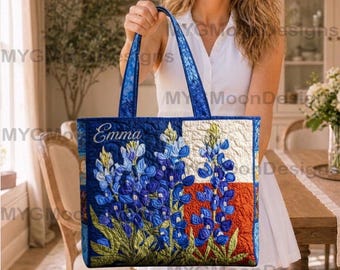 Personalized Texas Bluebonnet Quilted Tote Bag, Handmade Floral Patchwork Shoulder Bag, Custom Name Gift for Women.
