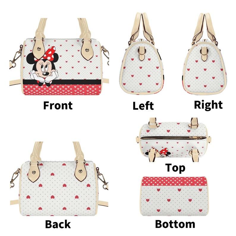 May include: White handbag with red heart pattern and Minnie Mouse graphic. Features a red and black stripe at the bottom. Includes beige handles and a detachable shoulder strap. Multiple views: front, back, sides, top, and bottom.