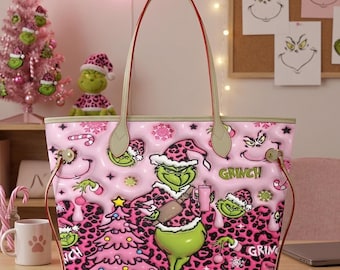 Bolso de mano navideño divertido con estampado de leopardo rosa del Grinch, bolso de cuero navideño del Grinch, bolso de mano para Navidad en julio, regalo para ella.