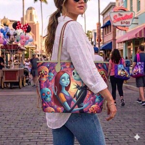 Pu&ograve; includere: Una borsa tote con una stampa grafica colorata di Sally e Jack Skellington di Nightmare Before Christmas, circondati da vari teschi stilizzati nelle tonalit&agrave; del rosa, viola, blu e arancione, con due tracolle di colore chiaro.