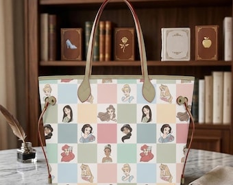 Gepersonaliseerde leren tas Coquette Princess: vintage design geruit, op Disney geïnspireerde handtas met, cadeau voor Disney-liefhebbers.