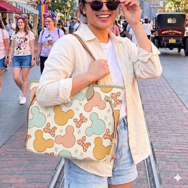 May include: A cream-colored tote bag featuring a repeating pattern of Mickey Mouse silhouettes and polka-dot bows in pastel colors. The bag has a light brown trim and handles, and a drawstring closure. The bag is being carried on a sunny day.