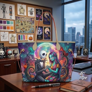 Puede incluir: Un bolso tote con una ilustraci&oacute;n colorida y vibrante de Jack Skellington y Sally de Pesadilla antes de Navidad bajo una gran luna. El bolso tiene dos correas de hombro de color tostado y una forma rectangular con una base ancha y plana.