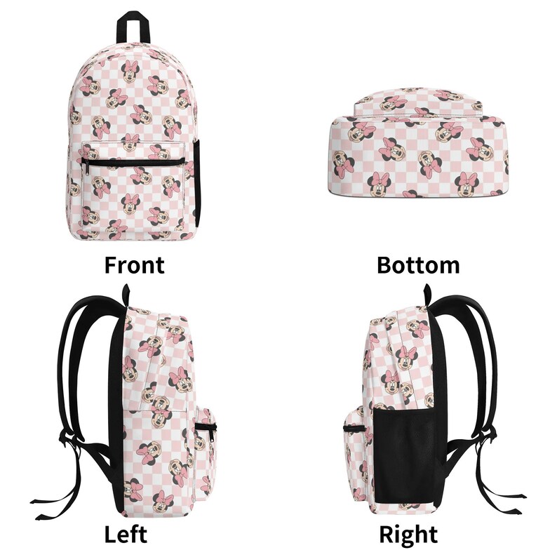 Peut inclure: Un sac &agrave; dos avec un motif &agrave; carreaux rose clair et blanc orn&eacute; de motifs r&eacute;p&eacute;titifs du personnage Minnie Mouse. Le sac comprend une poche avant zipp&eacute;e, des bretelles noires r&eacute;glables et une poche lat&eacute;rale en filet noir pour le rangement.