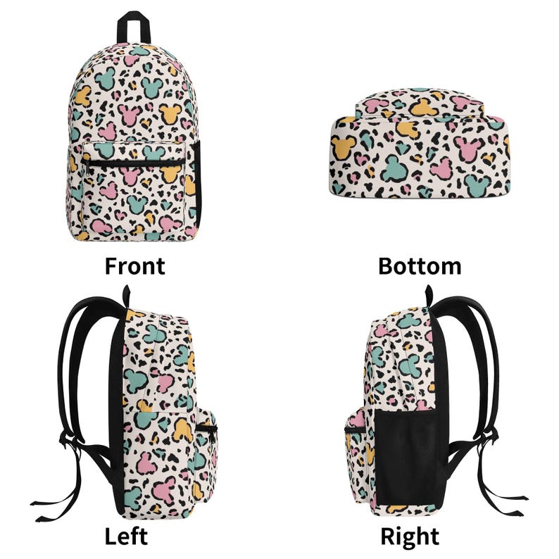 K&ouml;nnte beinhalten: Ein Rucksack mit wei&szlig;em Grund und einem mehrfarbigen Leopardenmuster, durchsetzt mit pastellfarbenen, rosa, gelben und t&uuml;rkisfarbenen Mausohr-Silhouetten. Der Rucksack verf&uuml;gt &uuml;ber eine Fronttasche mit Rei&szlig;verschluss, schwarze verstellbare Schultergurte und seitliche Netztaschen.