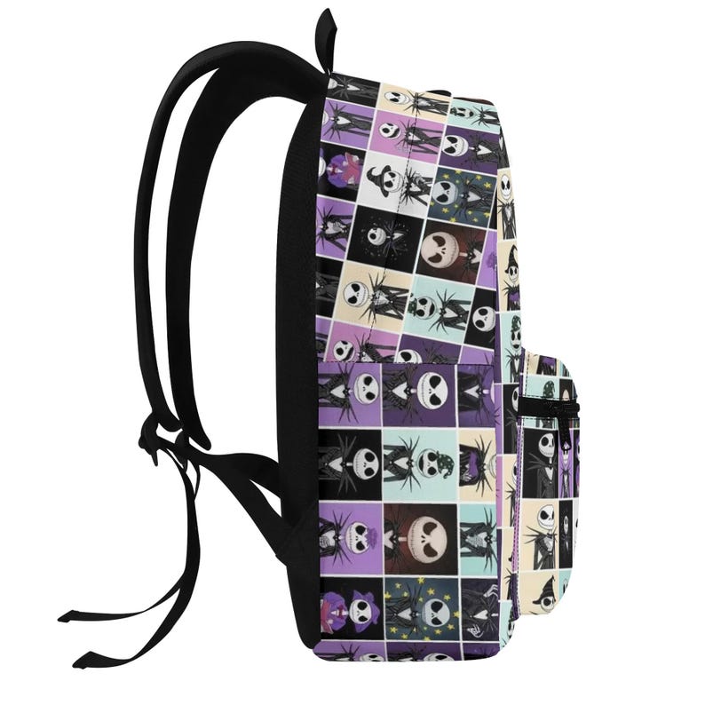 May include: A backpack featuring a grid pattern of various illustrations of Jack Skellington from The Nightmare Before Christmas. The design includes black, white, purple, and light blue squares with a black handle, black straps, and a black zipper.